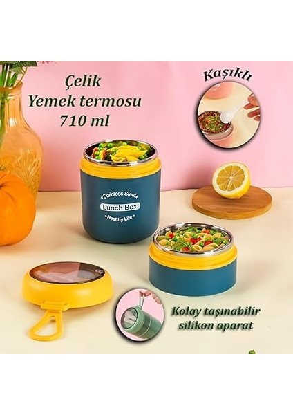66720 Yemek Termosu Çelik Yemek Termosu Lunch Box Taşınabilir Yemek Kabı Termos 710ML - Sarı fiyatları