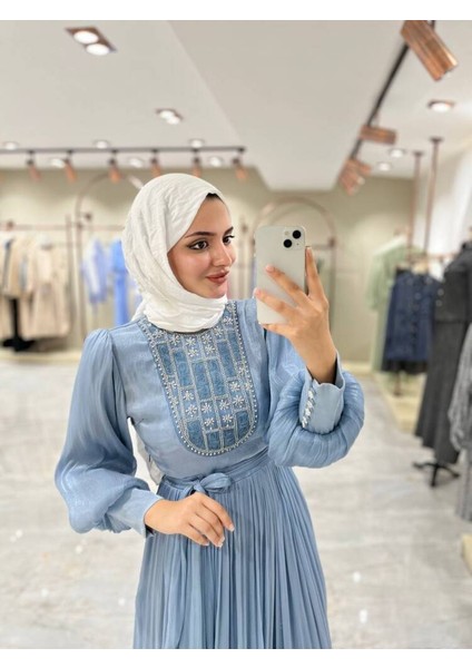 Taş Işlemli Bel Kuşaklı Uzun Abiye Elbise ELB16080 fiyatları