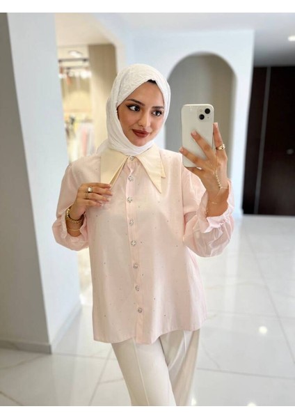 Taş Aksesurlı Yaka Detaylı Kol Lastik Oversıze Gömlek GMK08030