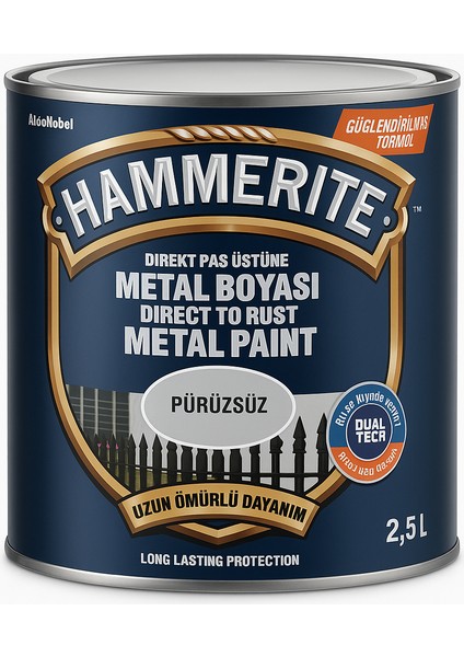 Hammerite Astarsız Boyasız Paslı Yüzey Metal Boyası Pürüzsüz Gümüş 2,5 L