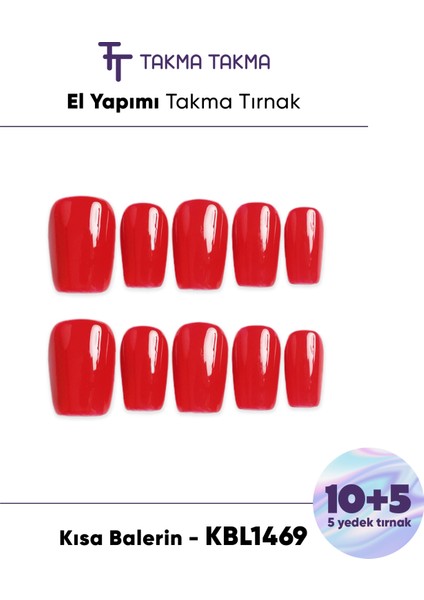 15'li Kırmızı Kısa Balerin KBL1469 Tekrar Kullanılabilir El Yapımı Protez Takma Tırnak - Kırmızı-L