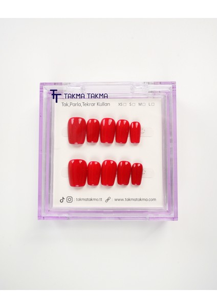 15'li Kırmızı Kısa Balerin KBL1469 Tekrar Kullanılabilir El Yapımı Protez Takma Tırnak - Kırmızı-L