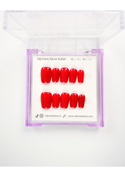 15'li Kırmızı Kısa Balerin KBL1469 Tekrar Kullanılabilir El Yapımı Protez Takma Tırnak - Kırmızı-L