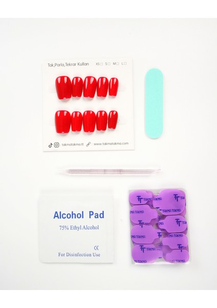 15'li Kırmızı Kısa Balerin KBL1469 Tekrar Kullanılabilir El Yapımı Protez Takma Tırnak - Kırmızı-L