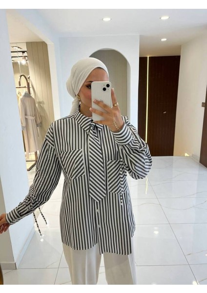 Kravat Detaylı Çizgili Kadın Gömlek GMK16067