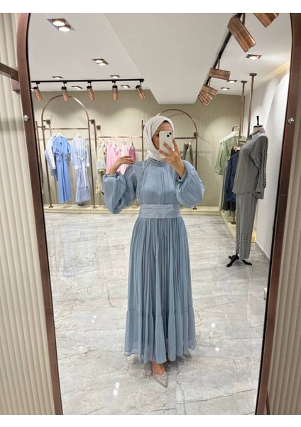 Kuşak Detaylı Boyunda Taş Işlemeli Abiye Elbise ELB16090 indirimleri