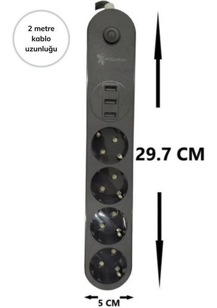 4lü Siyah Anahtarlı 3 USB Li Akım Korumalı Topraklı Çocuk Korumalı Grup Priz 2 Metre