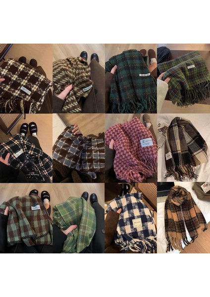 Ekose Eşarp Püskül Ins Kadın Sonbahar ve Kış Öğrencileri Yüz Hitched Sıcak Atmosfer Duygu Eşarp (Yurt Dışından)