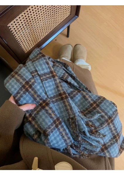 Ekose Eşarp Püskül Ins Kadın Sonbahar ve Kış Öğrencileri Yüz Hitched Sıcak Atmosfer Duygu Eşarp (Yurt Dışından)