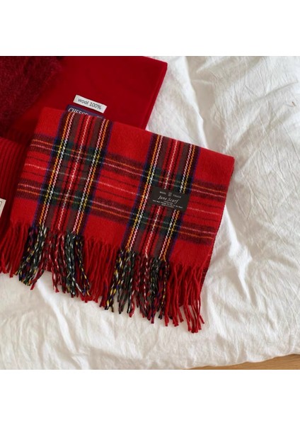 Ekose Eşarp Püskül Ins Kadın Sonbahar ve Kış Öğrencileri Yüz Hitched Sıcak Atmosfer Duygu Eşarp (Yurt Dışından)