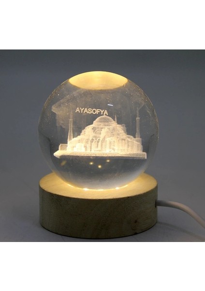 3D Kristal Cam Küre Ahşap Soketli Istanbul Temalı LED Lamba ALK2573