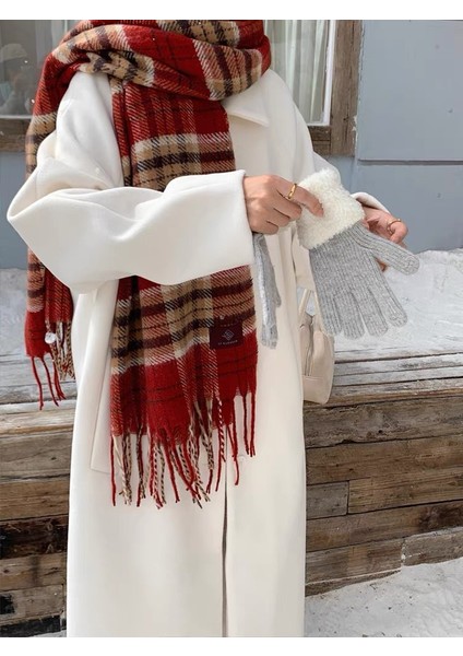 Ekose Eşarp Püskül Ins Kadın Sonbahar ve Kış Öğrencileri Yüz Hitched Sıcak Atmosfer Duygu Eşarp (Yurt Dışından)