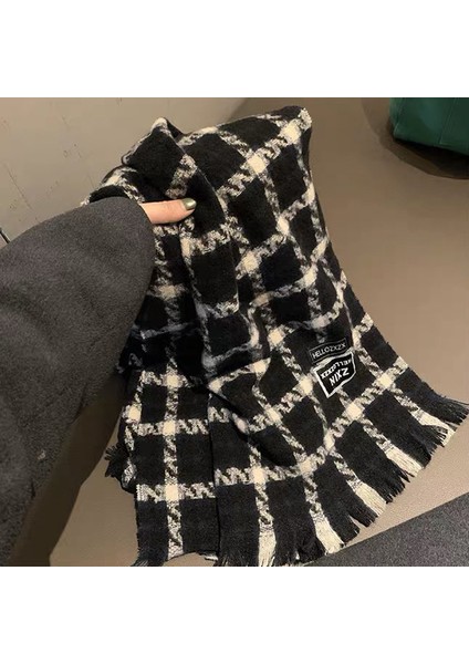 Ekose Eşarp Püskül Ins Kadın Sonbahar ve Kış Öğrencileri Yüz Hitched Sıcak Atmosfer Duygu Eşarp (Yurt Dışından)