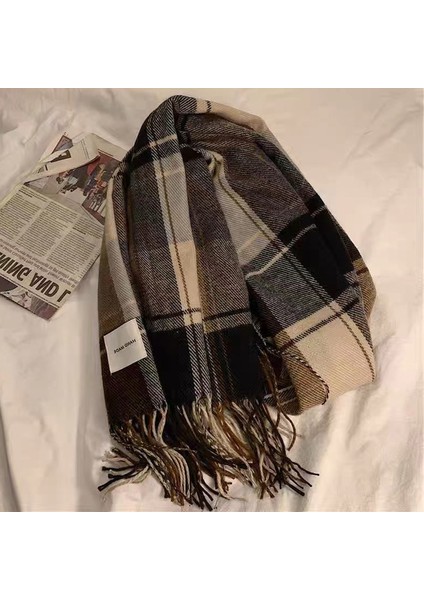 Ekose Eşarp Püskül Ins Kadın Sonbahar ve Kış Öğrencileri Yüz Hitched Sıcak Atmosfer Duygu Eşarp (Yurt Dışından)