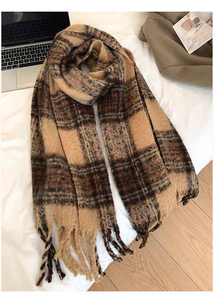 Ekose Eşarp Püskül Ins Kadın Sonbahar ve Kış Öğrencileri Yüz Hitched Sıcak Atmosfer Duygu Eşarp (Yurt Dışından)