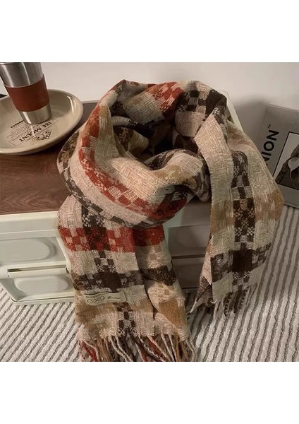 Ekose Eşarp Püskül Ins Kadın Sonbahar ve Kış Öğrencileri Yüz Hitched Sıcak Atmosfer Duygu Eşarp (Yurt Dışından)