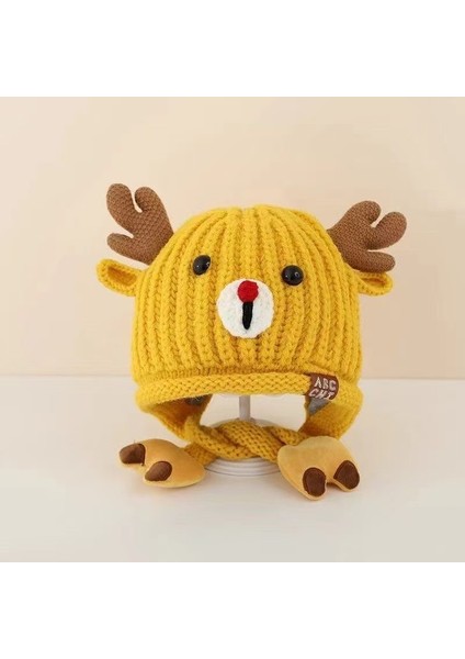 Bebek Şapka Kış Sevimli Geyik Yastıklı Kulak Koruma Şapka Erkek ve Kız Örme Şapka Sonbahar ve Kış Kalınlaşmış Sıcak Yün Şapka (Yurt Dışından)