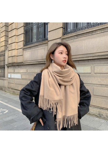 Kaşmir Eşarp Kadın Kış Kalınlaştırılmış Düz Renk Eşarp Vahşi Kore Versiyonu Şal Sonbahar ve Kış Eşarp (Yurt Dışından)
