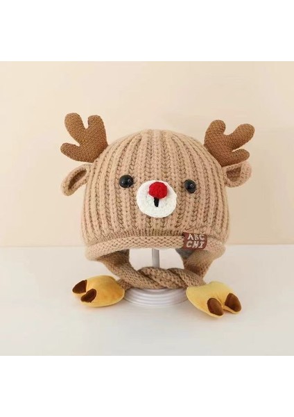 Bebek Şapka Kış Sevimli Geyik Yastıklı Kulak Koruma Şapka Erkek ve Kız Örme Şapka Sonbahar ve Kış Kalınlaşmış Sıcak Yün Şapka (Yurt Dışından)