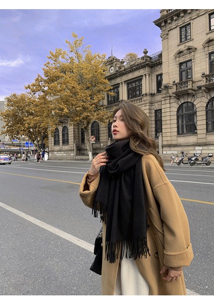 Kaşmir Eşarp Kadın Kış Kalınlaştırılmış Düz Renk Eşarp Vahşi Kore Versiyonu Şal Sonbahar ve Kış Eşarp (Yurt Dışından)