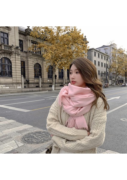 Kaşmir Eşarp Kadın Kış Kalınlaştırılmış Düz Renk Eşarp Vahşi Kore Versiyonu Şal Sonbahar ve Kış Eşarp (Yurt Dışından)