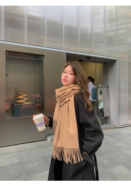 Kaşmir Eşarp Kadın Kış Kalınlaştırılmış Düz Renk Eşarp Vahşi Kore Versiyonu Şal Sonbahar ve Kış Eşarp (Yurt Dışından)