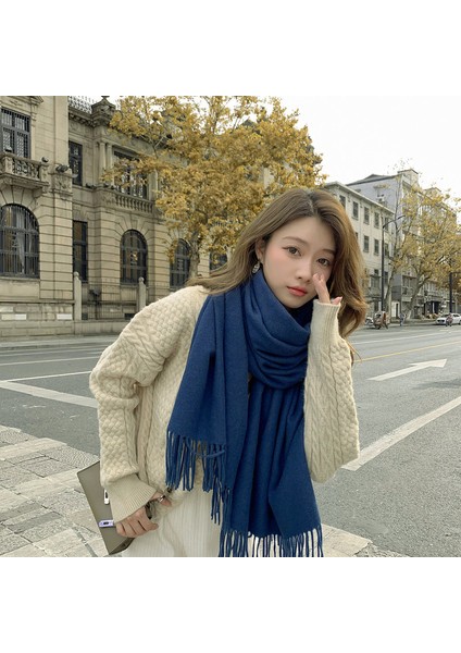 Kaşmir Eşarp Kadın Kış Kalınlaştırılmış Düz Renk Eşarp Vahşi Kore Versiyonu Şal Sonbahar ve Kış Eşarp (Yurt Dışından)