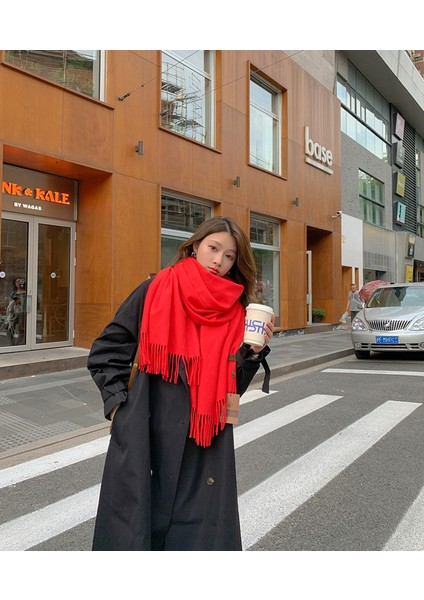 Kaşmir Eşarp Kadın Kış Kalınlaştırılmış Düz Renk Eşarp Vahşi Kore Versiyonu Şal Sonbahar ve Kış Eşarp (Yurt Dışından)
