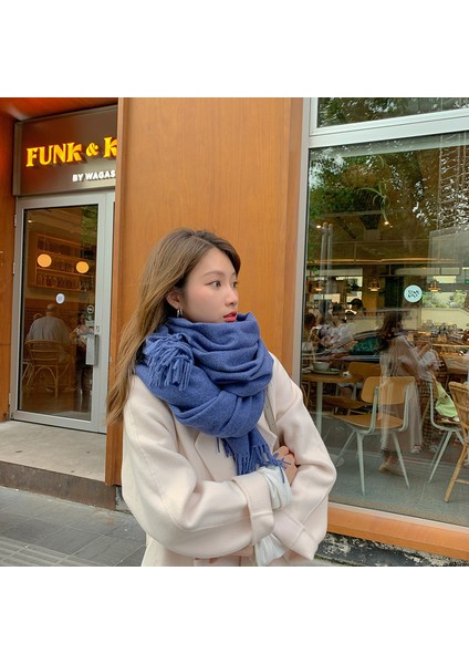 Kaşmir Eşarp Kadın Kış Kalınlaştırılmış Düz Renk Eşarp Vahşi Kore Versiyonu Şal Sonbahar ve Kış Eşarp (Yurt Dışından)