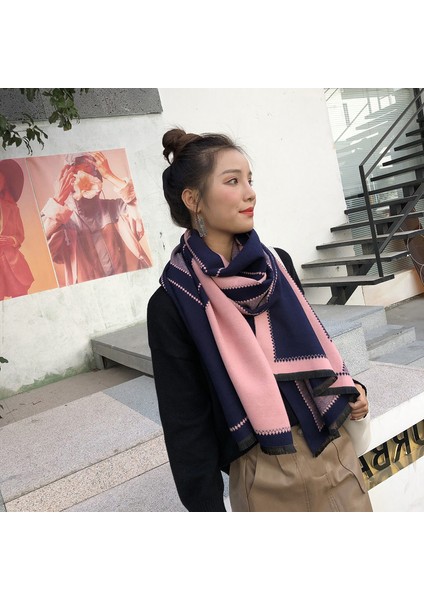 Basit Kuşgözü Eşarp Kadın Sonbahar ve Kış Yeni Boyun Uzun Bölümlü Kalınlaştırılmış Sıcak Şal (Yurt Dışından)
