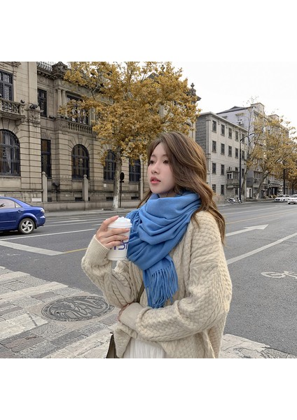 Kaşmir Eşarp Kadın Kış Kalınlaştırılmış Düz Renk Eşarp Vahşi Kore Versiyonu Şal Sonbahar ve Kış Eşarp (Yurt Dışından)