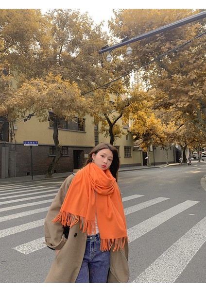 Kaşmir Eşarp Kadın Kış Kalınlaştırılmış Düz Renk Eşarp Vahşi Kore Versiyonu Şal Sonbahar ve Kış Eşarp (Yurt Dışından)