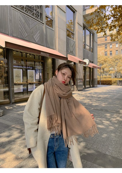 Kaşmir Eşarp Kadın Kış Kalınlaştırılmış Düz Renk Eşarp Vahşi Kore Versiyonu Şal Sonbahar ve Kış Eşarp (Yurt Dışından)