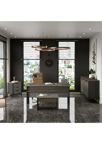 Navaris Abce Ofis Büro Masa Takımı Kahve-Beton-Antrasit Nav8-Cga