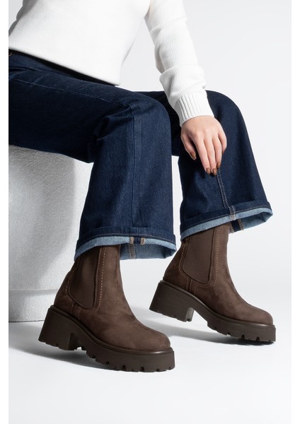 Kadın Kalın Topuklu Aksesuar Fermuarlı Lastikli Günlük Bot Fenros Kahve Süet fiyatları