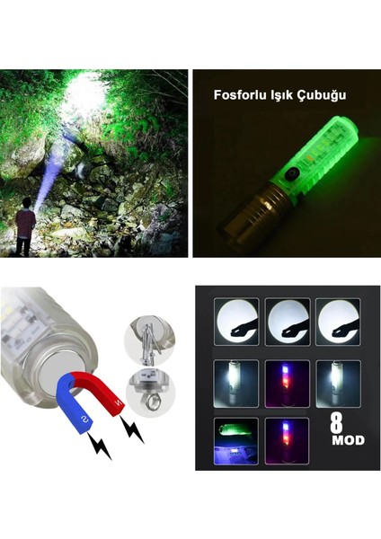 El Feneri 8 Mod Şarjlı Fosforlu Mıknatıslı LED El Feneri