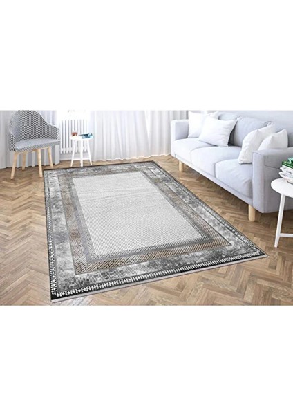 Elegance 1063 Gri Halı Modern Klasik Desenli Viskon Doğal Iplik Bambu Halı Tozu Az Salon