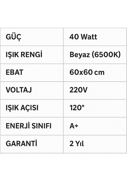 Sıva Altı 60 X 60 Led Panel Armatür 40W Beyaz Renk Yüksek Işık 1 Adet indirimleri