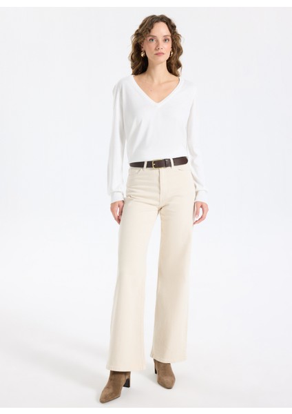 V Yaka Slim Fit Düz Ekru Kazak Kadın ML5WL-KZK9009 fiyatları