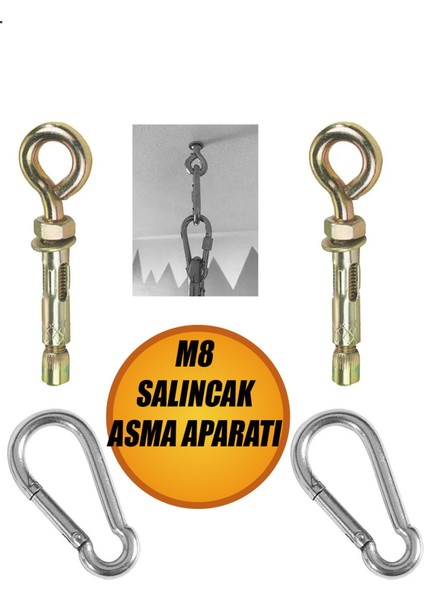 Salıncak Hamak Box Torbası Tavan Asma Aparatı Salıncağı Çelik Dübel + Karabina Kanca Takımı 2'li 8mm