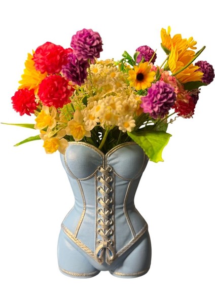 Kadın Büstü Figürlü Dekoratif Vazo – El Boyaması – Sanatsal Ev ve Ofis Dekoru (Mavi)