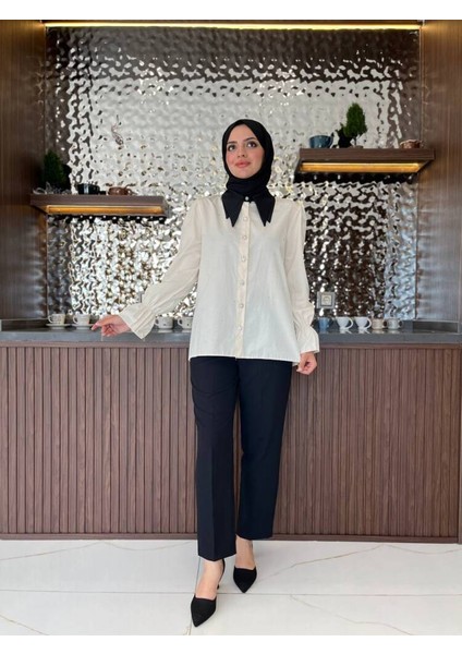 Taş Aksesurlı Yaka Detaylı Kol Lastik Oversıze Gömlek GMK08030