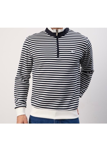 Çizgili Regular Fit Fermuar Yaka Beyaz Arma