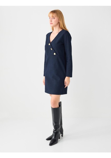 Lacivert Kruvaze Yaka Vatkalı Uzun Kollu Örme Mini Elbise fiyatları