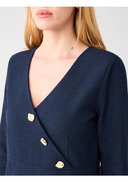 Lacivert Kruvaze Yaka Vatkalı Uzun Kollu Örme Mini Elbise fırsatları