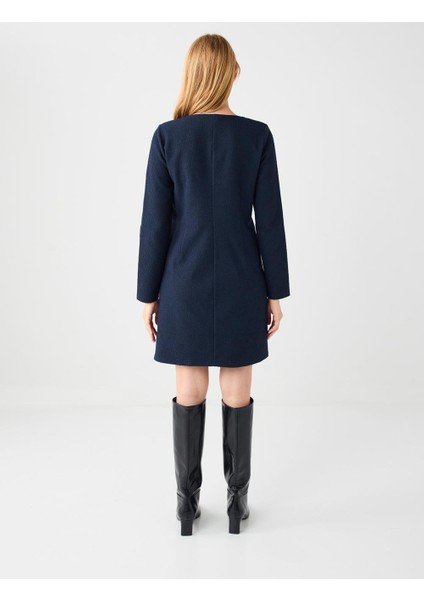 Lacivert Kruvaze Yaka Vatkalı Uzun Kollu Örme Mini Elbise indirimleri