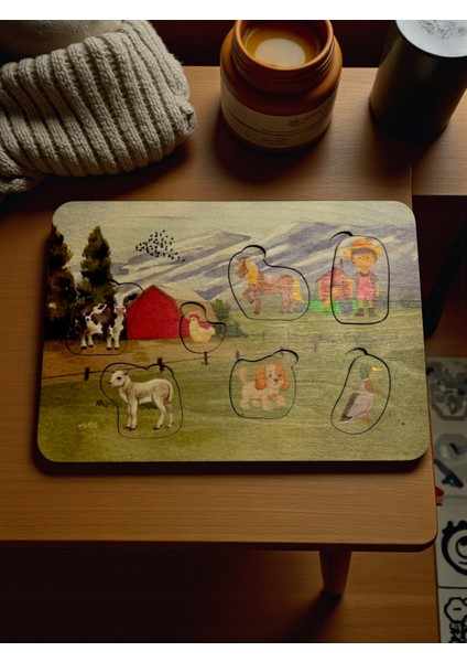 Çiftlik Hayvanları, Ahşap Çocuk Puzzle, Renkli Çiftlik Temalı Yapboz, Bul Tak Bulmaca, 7 Parça