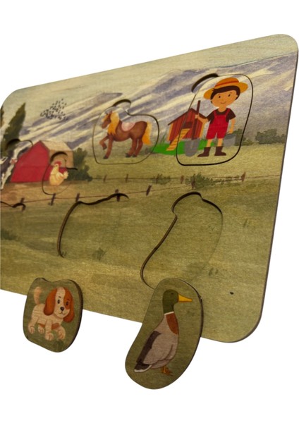 Çiftlik Hayvanları, Ahşap Çocuk Puzzle, Renkli Çiftlik Temalı Yapboz, Bul Tak Bulmaca, 7 Parça