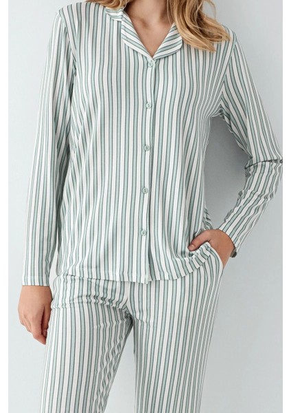 Kadın Çizgili Pamuklu Önden Düğmeli Pijama Takımı fiyatları