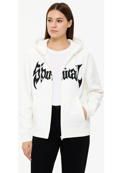 Mdb Oversize Kapüşonlu Weatshirt Hoodie 3 Iplik Şardonlu Pamuklu Kumaş, Önü Baskılı, Fermuarlı Rahat Kalıp, Kışlık ve Okak Tili Weat Beyaz modelleri